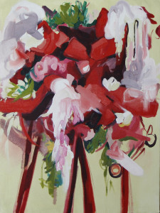 Artist Nikki Woods oil painting "Wrapped in Ribbons" on display at HEDGE Gallery.