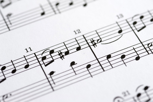 notes of a printed sheet of music pictured with a narrow depth of field